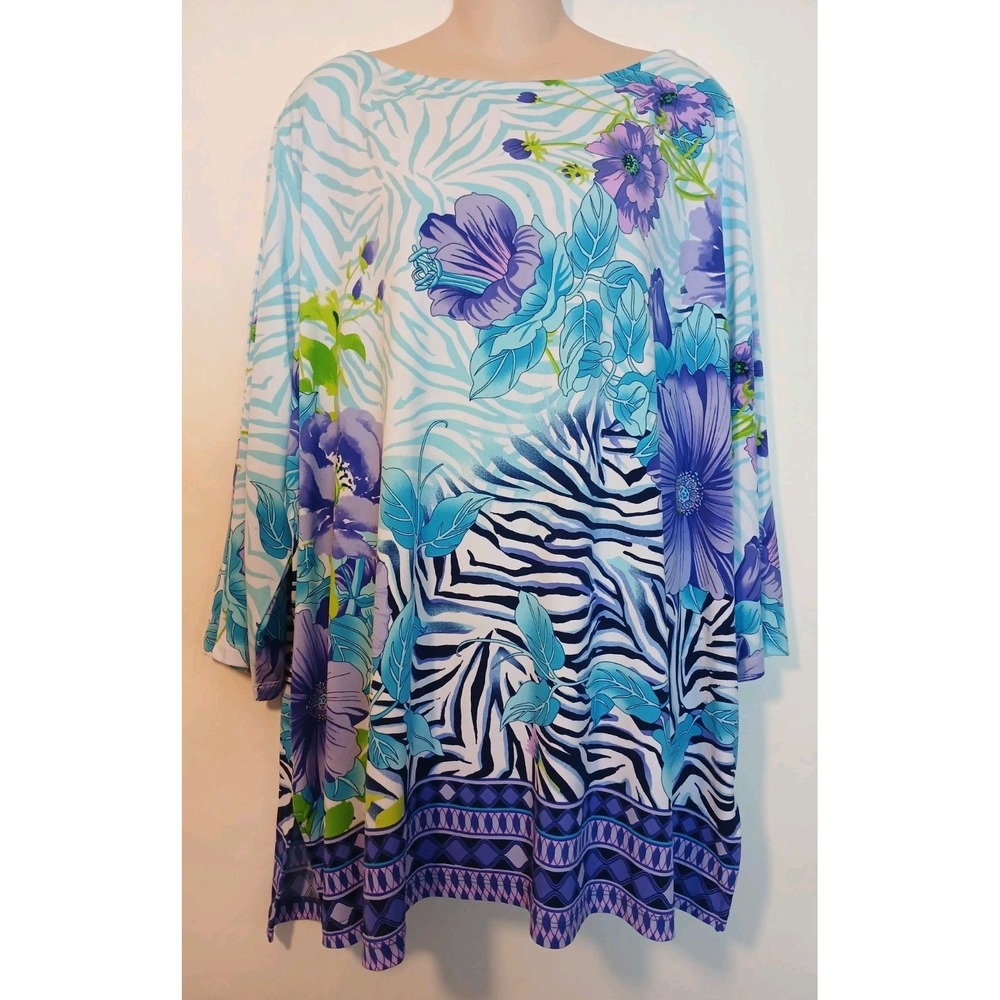 SUSAN GRAVER Plus 3X FLORAL PRINT Purple Blue Cold Shoulder TUNIC TOP D123